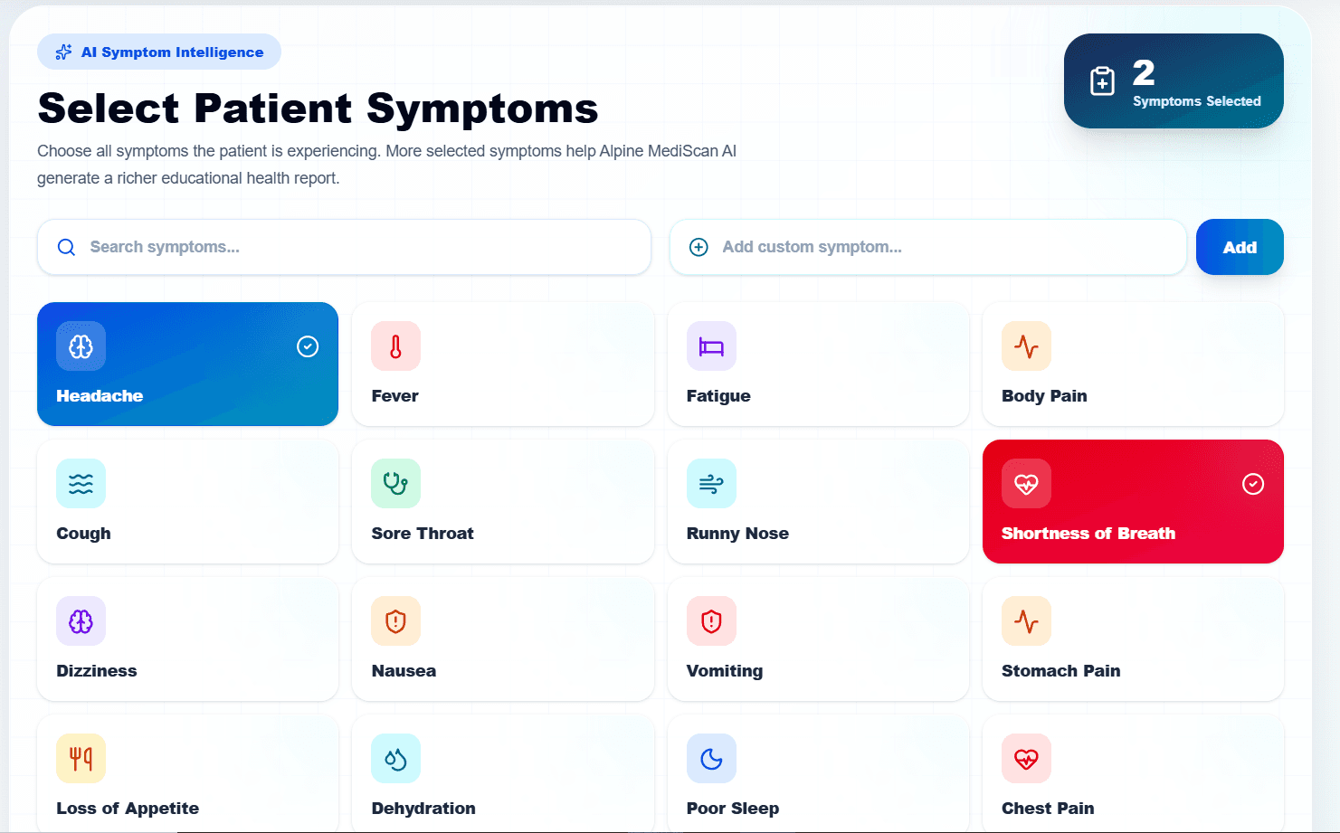 Alpine MediScan AI Symptoms Selection